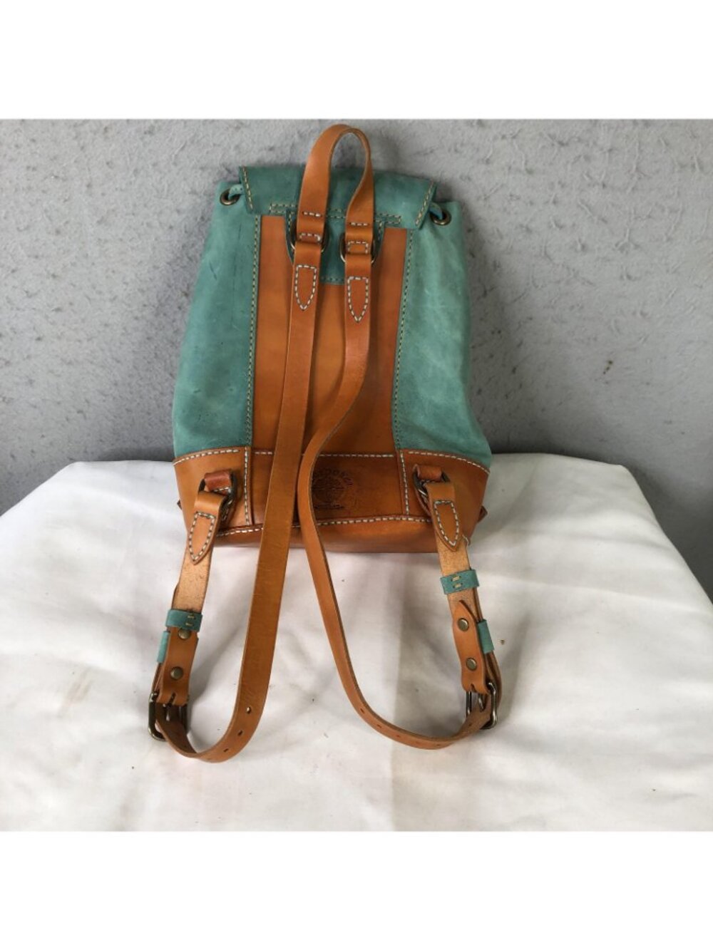Bespoke Backpack Bag Womens Small Turquoise Brown Leather Boho Drawstring Casual - Picture 2 of 16